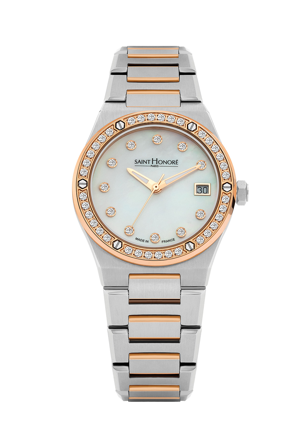 HAUSSMAN II Women's watch - Two-tone ion plating rose gold case, white & diamond effect dial, Two-tone IPRG metal strap