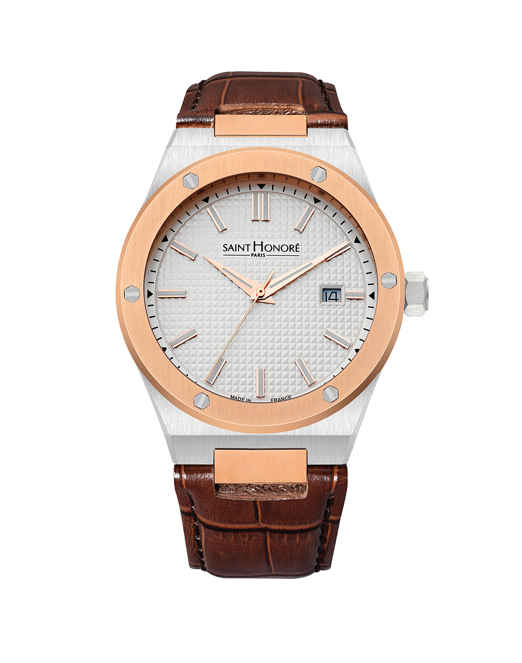 HAUSSMAN II Men's watch - Two-tone ion plating rose gold case, white dial, brown leather strap