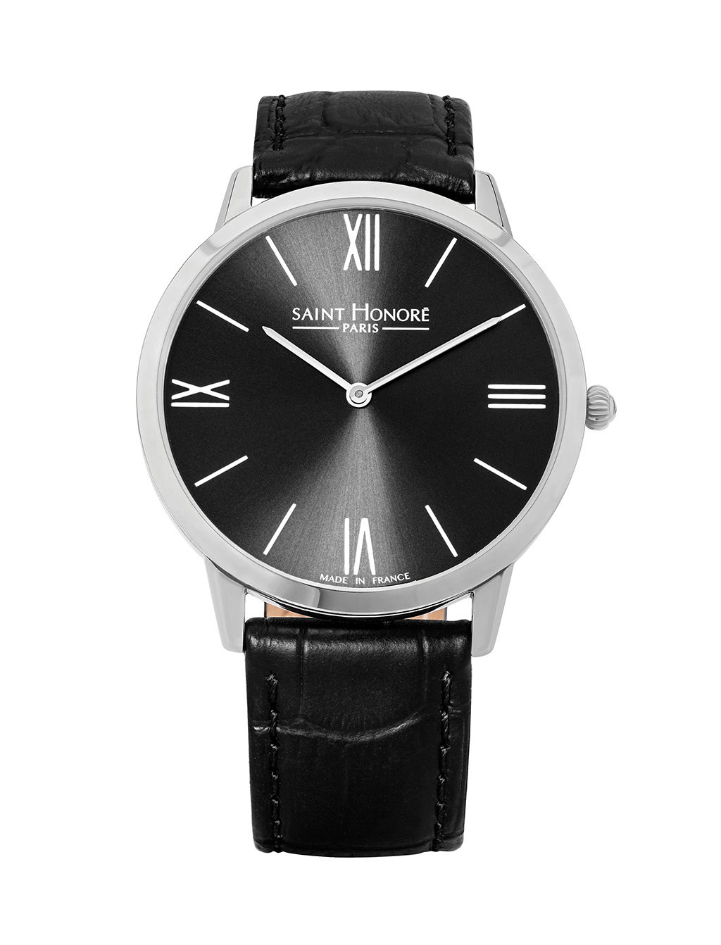 WAGRAM Men's watch - Stainless steel case, black leather strap