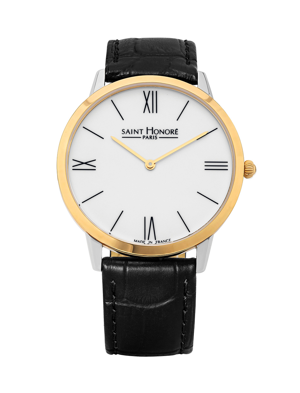 WAGRAM Men's watch - Two-tone case, white dial, black leather strap