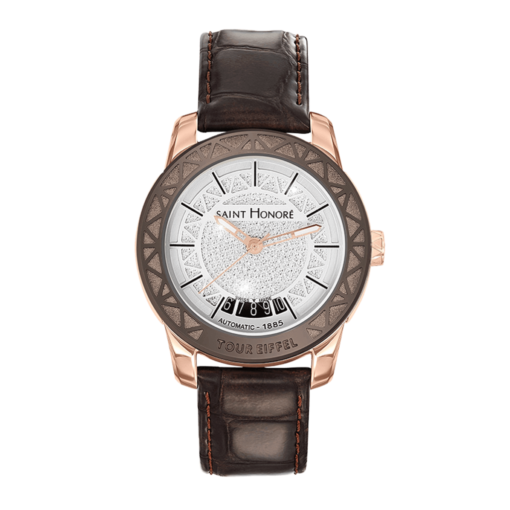 TOUR EIFFEL Women's automatic watch - 18K rose gold case, diamond effect dial, brown leather strap