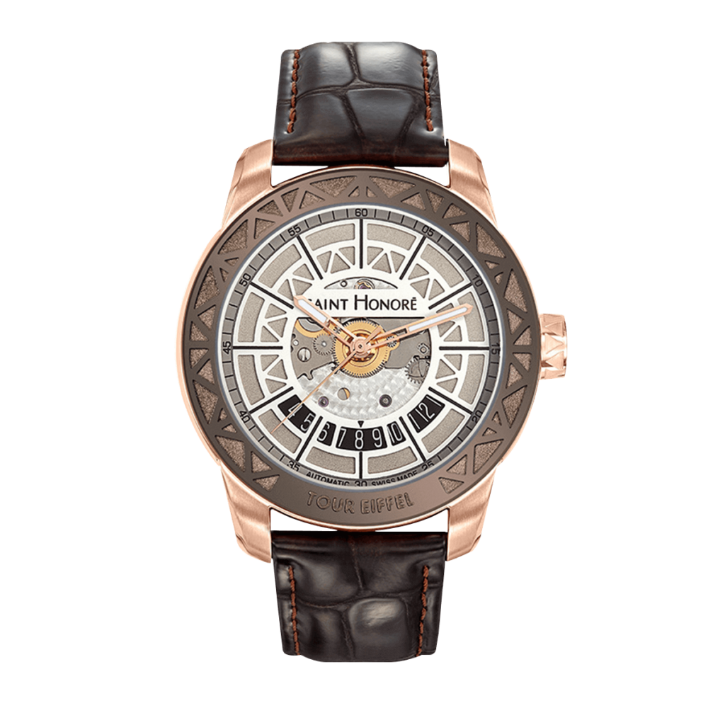 TOUR EIFFEL Men's automatic watch - 18K rose gold case, silver dial, brown leather strap