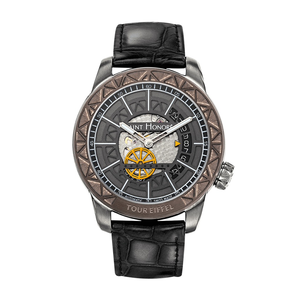 TOUR EIFFEL Men's automatic watch - Titanium finish case, yellow wheel dial, black leather strap