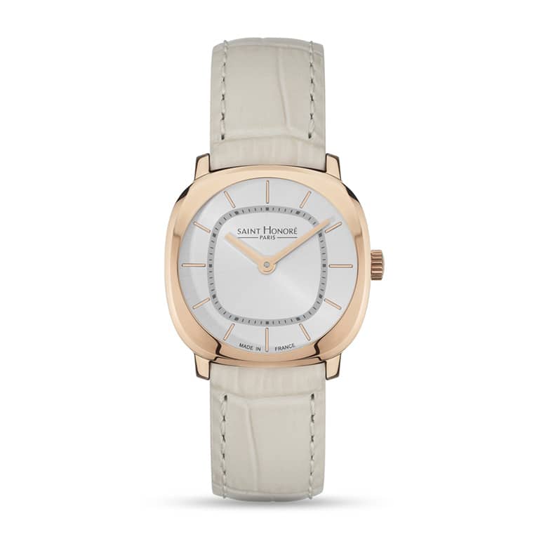 Audacy Lady Watch - IP Rose Gold Case, White dial, Beige Leather Strap, 26mm