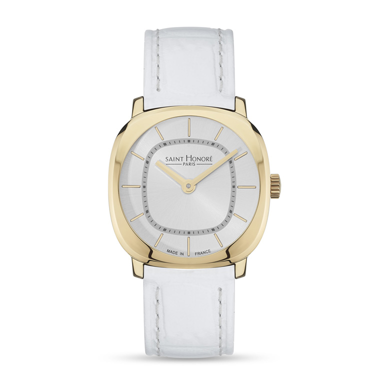 Audacy Lady Watch -IP Gold Case, White dial, White Leather Strap, 32mm
