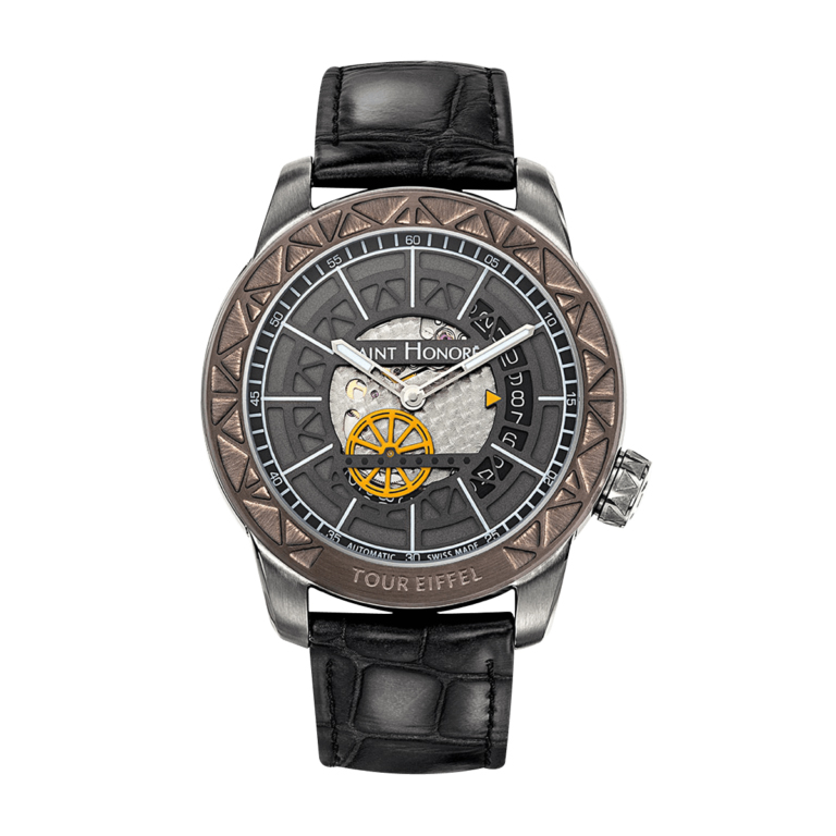 TOUR EIFFEL Men's automatic watch - Titanium finish case, yellow wheel dial and black leather strap