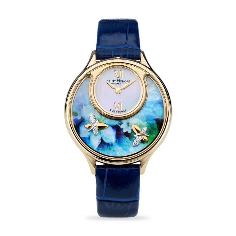DAUPHINE Women's watch - Stainless Steel Case Ip Gold Plated, White Mother Of Pearl Dial, Blue Leather Strap +1 Black Strap+ 2 Blue Flower & 2 Black Arabic Inserts, 1 Ip Gold Plated Necklace