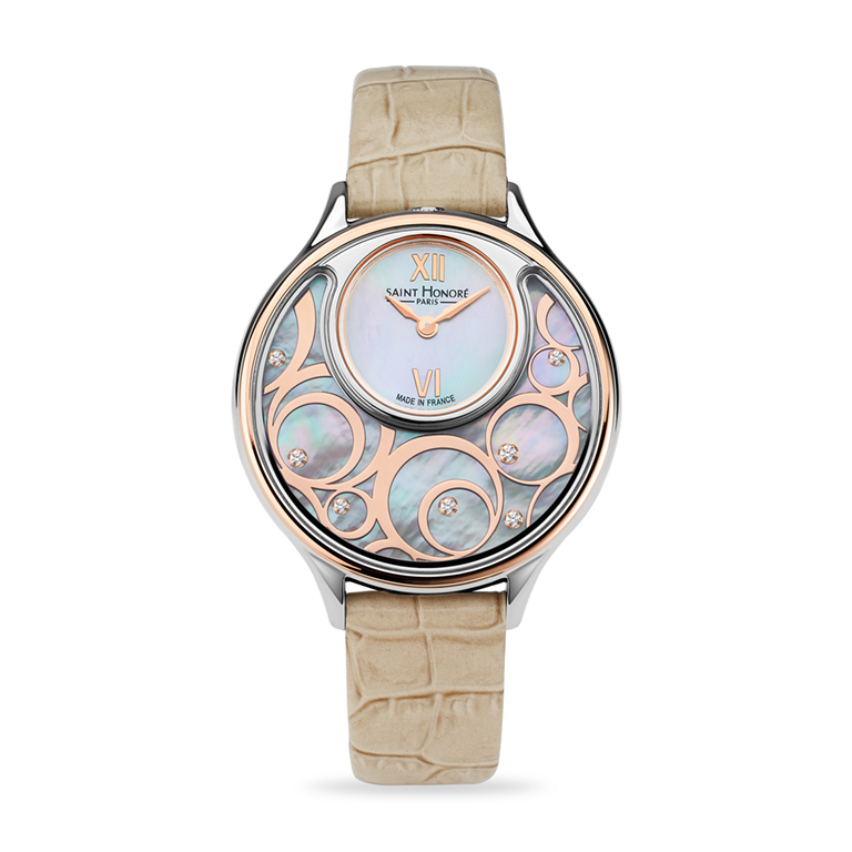DAUPHINE Women's watch - Stainless Steel Ip Gold Plated Case, White Mother Of Pearl Dial, Black Leather Strap + 1 Ip Gold Plated Necklace + 1 Blue Flower Inserts