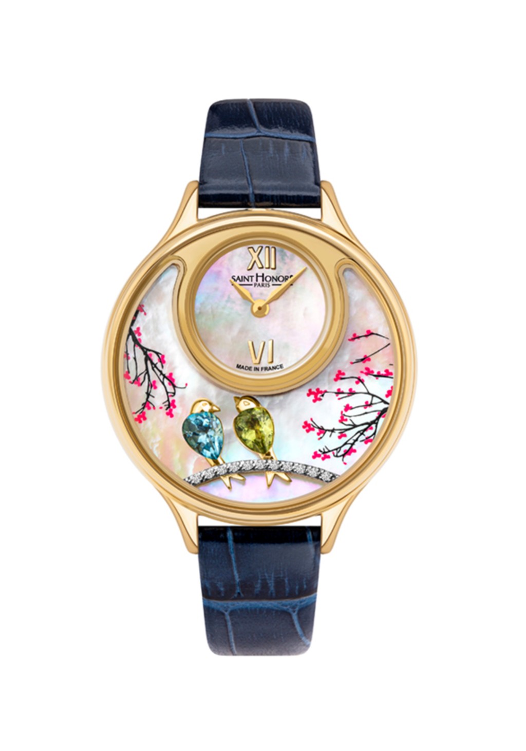 DAUPHINE Women's watch - ion plating gold case, WHT MOP & diamond effect dial, blue leather strap