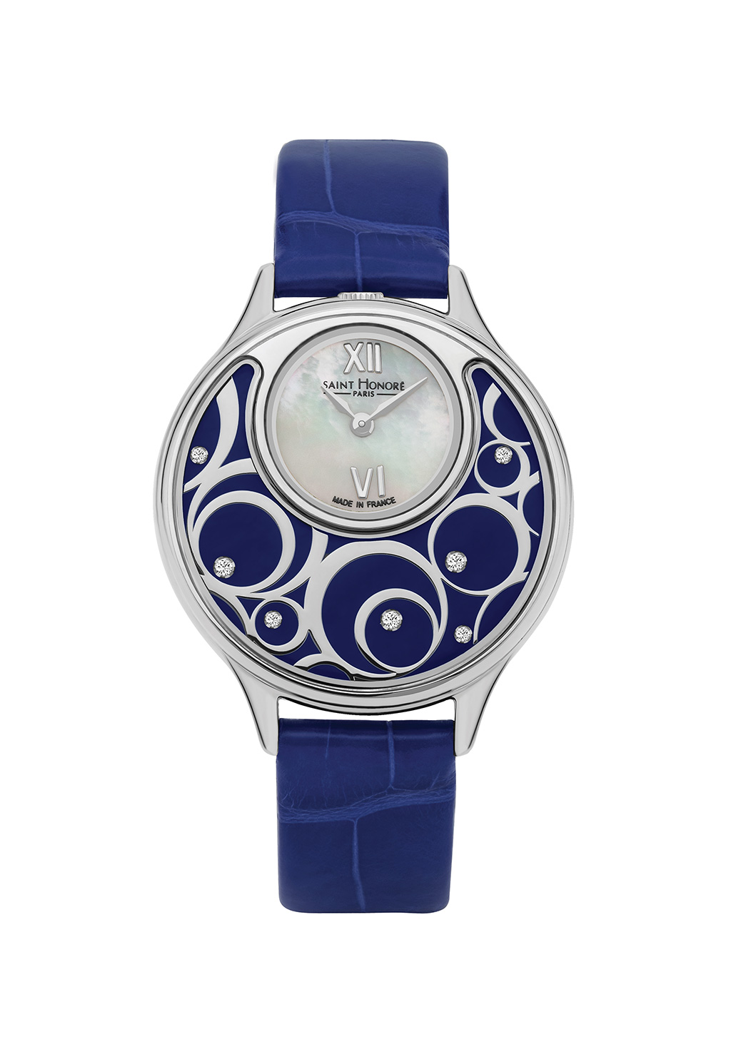 DAUPHINE Women's watch - stainless steel, wht mop dial, blue leather strap