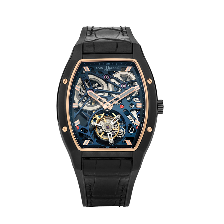 MONCEAU Men's watch - stainless steel / ion plating gold case, skeleton dial, blue leather & silicon trim strap