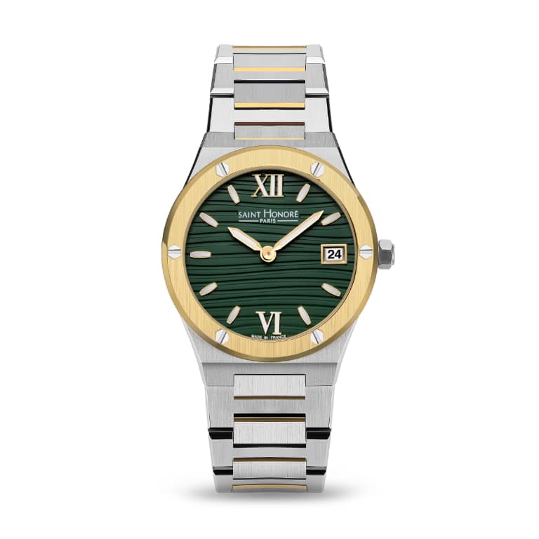 HAUSSMAN II Women's watch - 32MM STAINLESS STEEL IP GOLD PLATED TWO TONE CASE, GREEN DIAL, IP GOLD TWO TONE BRACELET, MOVEMENT RONDA 704, 5ATM