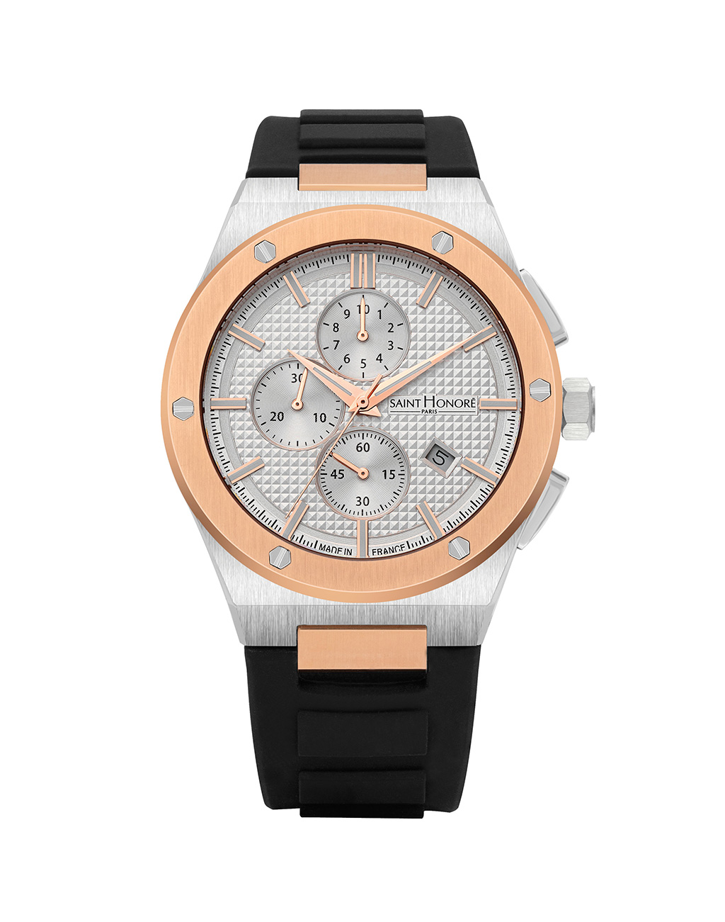 HAUSSMAN II Men's watch - Two-tone ion plating rose gold case, white dial, black silicon strap