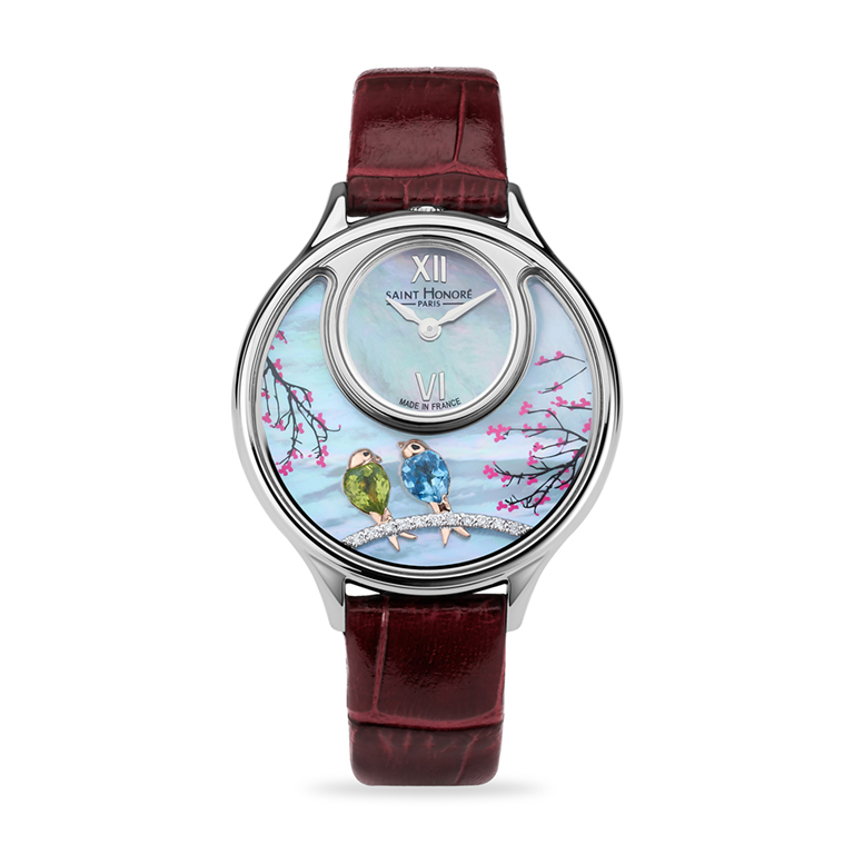 DAUPHINE Women's watch - Stainless Steel Case, White Mother Of Pearl Dial, Red Leather Strap