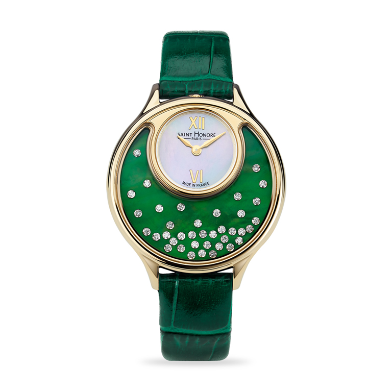 DAUPHINE Women's watch - Stainless Steel Ip Gold Plated Case, White Mother Of Pearl Dial, green Leather Strap