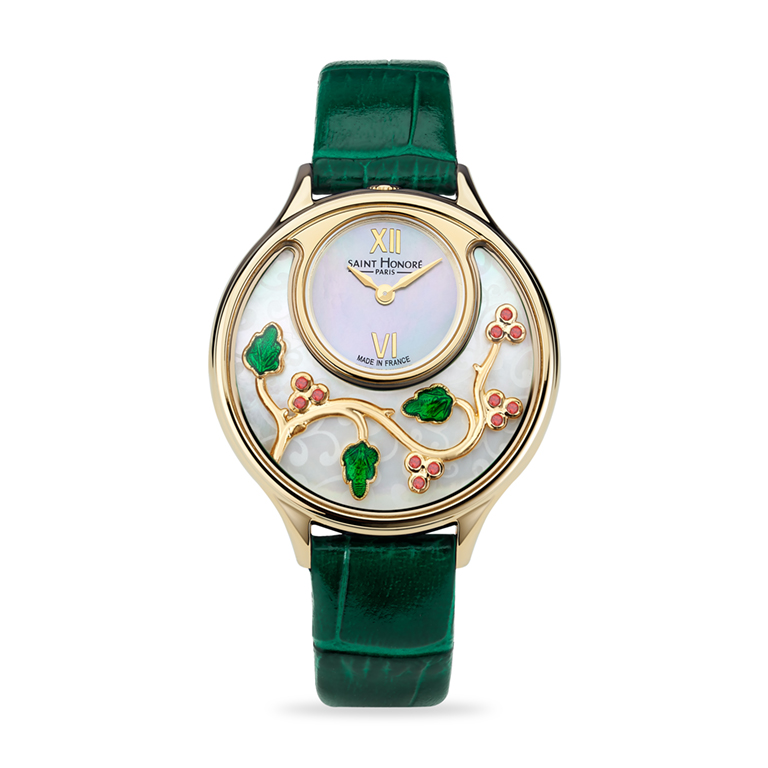 DAUPHINE Women's watch - Stainless Steel Ip Gold Plated Case, White Mother Of Pearl Dial, green Leather Strap + 1 Ip Gold Plated Necklace + 1 Whte Vine Garnet Inserts