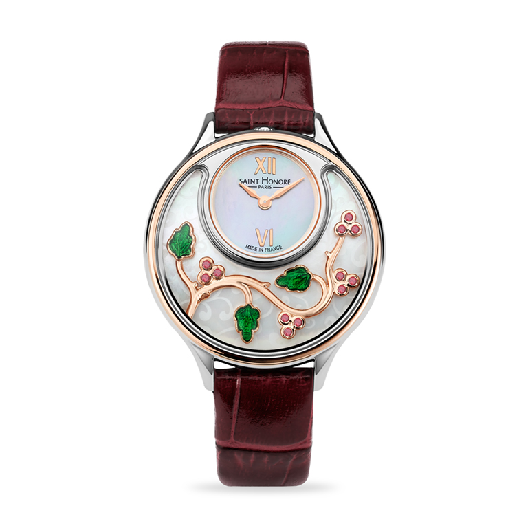 DAUPHINE Women's watch - Stainless Steel Ip Rose Gold Plated Case, White Mother Of Pearl Dial, Red Leather Strap + 1 Ip Rose Gold Plated Necklace + 1 Pink Vine Garnet Inserts