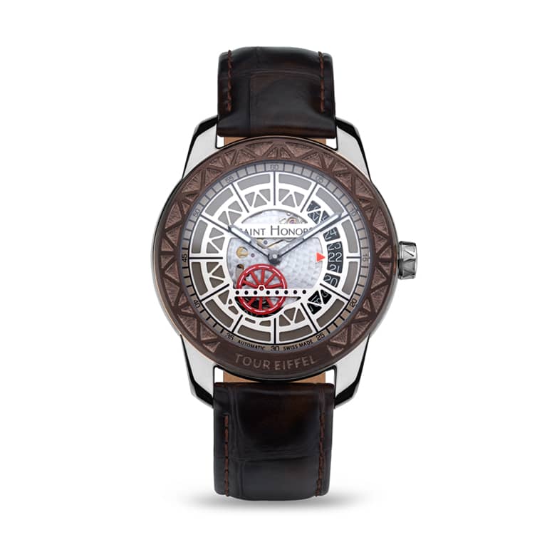 TOUR EIFFEL Men's automatic watch - Stainless steel case, red wheel dial, and brown leather strap