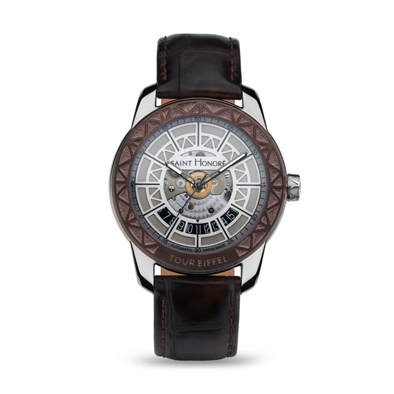 TOUR EIFFEL Men's automatic watch - Stainless steel case, silver dial, and brown leather strap