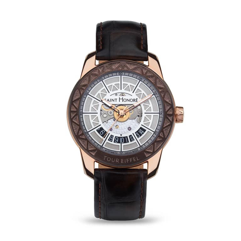 TOUR EIFFEL Men's automatic watch - 18K rose gold case, silver dial, and brown leather strap