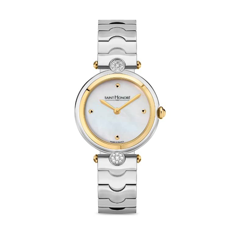 City of Lights - 28MM IP GOLD PLATED TWO-TONE CASE WITH DIAMONDS WHITE MOTHER OF PEARL DIAL STAINLESS STEEL BRACELET RONDA 1062 MOVEMENT 3 ATM WATER RESISTANCE