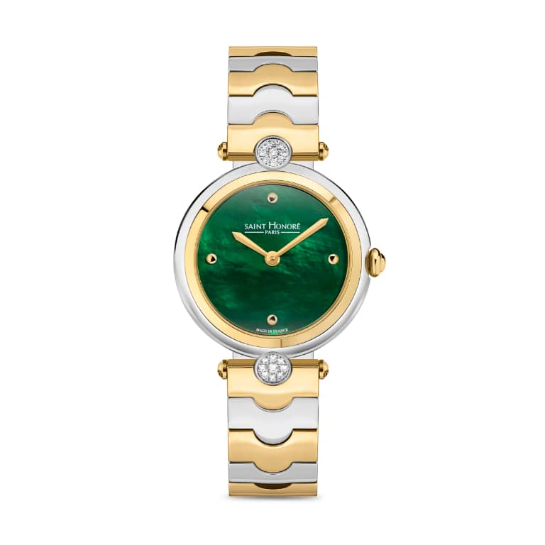 City of Lights - 28MM IP GOLD PLATED TWO-TONE CASE WITH DIAMONDS GREEN MOTHER OF PEARL DIAL IP GOLD PLATED TWO-TONE BRACELET RONDA 1062 MOVEMENT 3 ATM WATER RESISTANCE