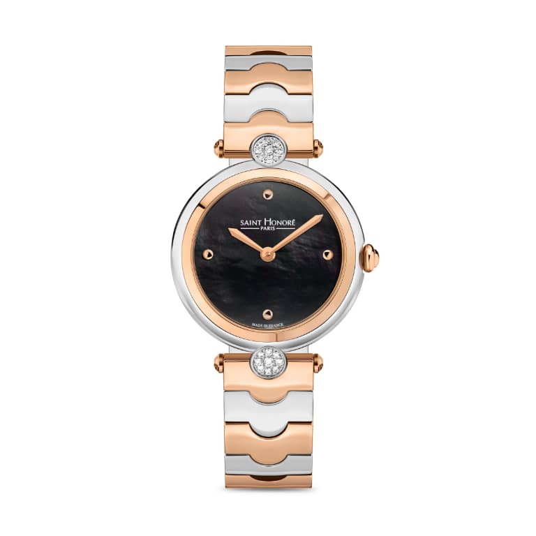 City of Lights - 28MM IP ROSE GOLD PLATED TWO-TONE CASE WITH DIAMONDS BLACK MOTHER OF PEARL DIAL IP ROSE GOLD PLATED TWO-TONE BRACELET RONDA 1062 MOVEMENT 3 ATM WATER RESISTANCE