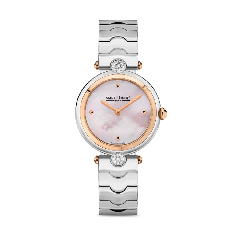 City of Lights - 28MM IP ROSE GOLD PLATED TWO-TONE CASE WITH DIAMONDS PINK MOTHER OF PEARL DIAL STAINLESS STEEL BRACELET RONDA 1062 MOVEMENT 3 ATM WATER RESISTANCE