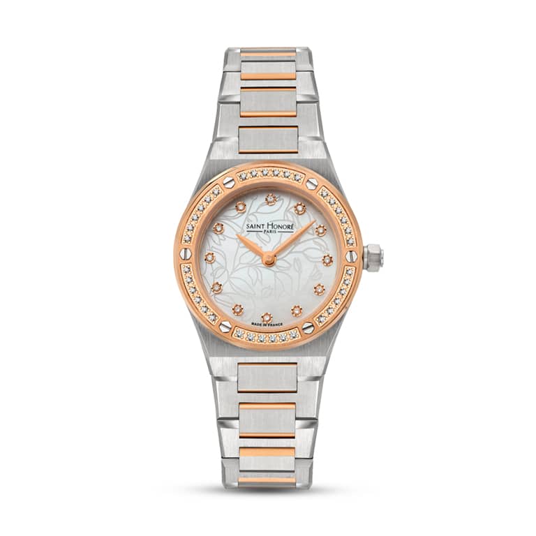 HAUSSMAN II Women's watch - 26MM IP ROSE GOLD PLATED TWO-TONE CASE WITH DIAMONDS WHITE MOTHER OF PEARL DIAL WITH DIAMONDS IP ROSE GOLD PLATED TWO-TONE BRACELET RONDA 762 MOVEMENT 3ATM WATER RESISTANCE