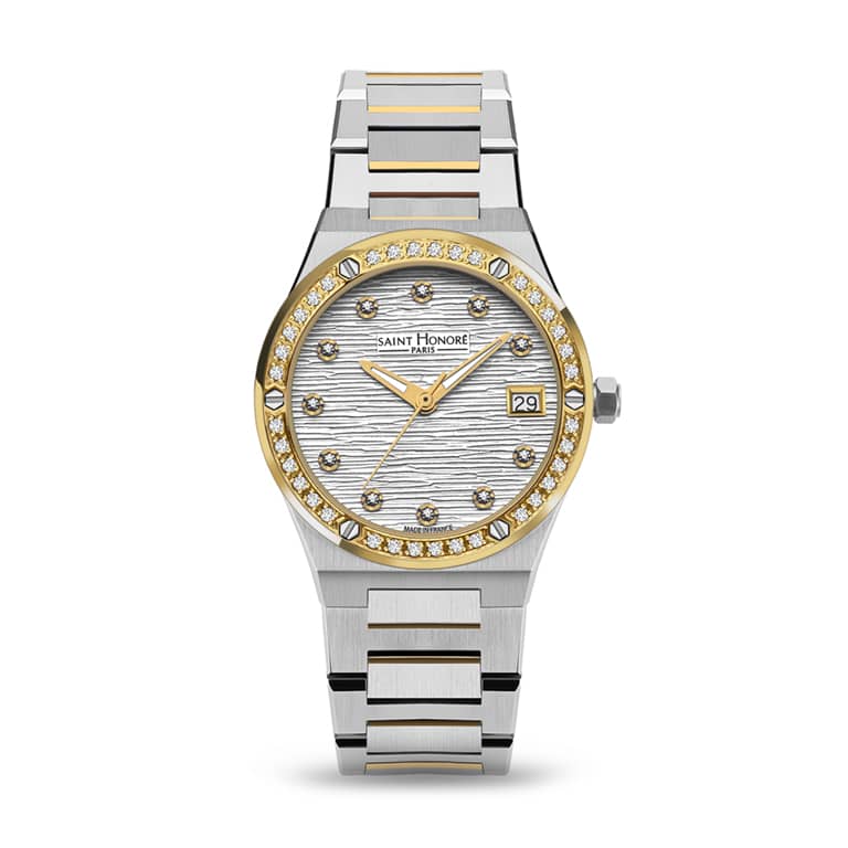 HAUSSMAN II Women's watch - 32MM IP GOLD PLATED TWO-TONE CASE WITH DIAMONDS SILVER DIAL WITH DIAMONDS IP GOLD PLATED TWO-TONE BRACELET RONDA 705 MOVEMENT 3ATM WATER RESISTANCE