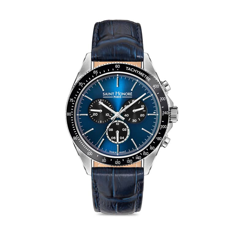 LE BOURGET Men's watch - 43MM STAINLESS STEEL CASE, CERAMIC BEZEL BLUE DIAL CHRONOGRAPH BLUE LEATHER STRAP RONDA 5040D MOVEMENT 5ATM WATER RESISTANCE