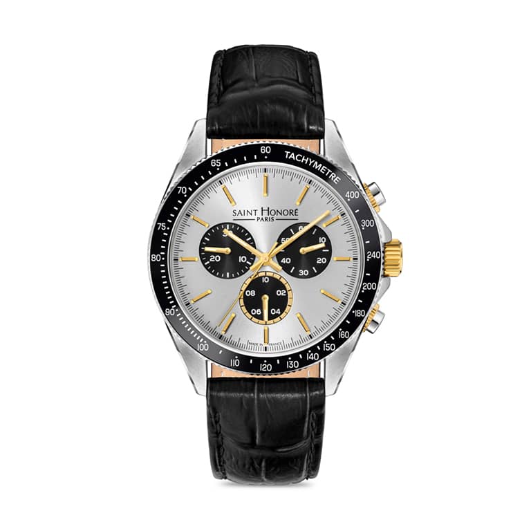 LE BOURGET Men's watch - 43MM STAINLESS STEEL CASE, CERAMIC BEZEL WHITE DIAL CHRONOGRAPH BLACK LEATHER STRAP RONDA 5040D MOVEMENT 5ATM WATER RESISTANCE