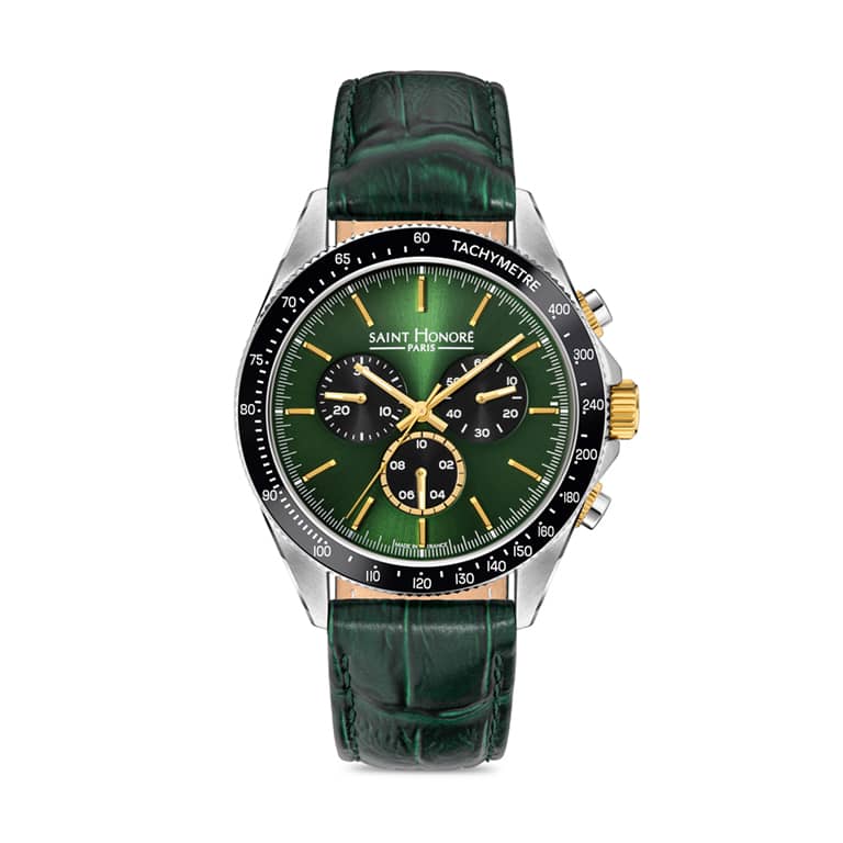 LE BOURGET Men's watch - 43MM STAINLESS STEEL CASE, CERAMIC BEZEL GREEN DIAL CHRONOGRAPH GREEN LEATHER STRAP RONDA 5040D MOVEMENT 5ATM WATER RESISTANCE