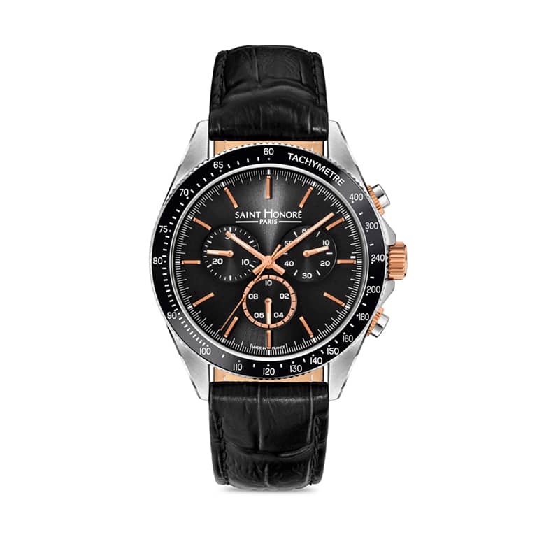 LE BOURGET Men's watch - 43MM STAINLESS STEEL CASE, CERAMIC BEZEL BLACK DIAL CHRONOGRAPH BLACK LEATHER STRAP RONDA 5040D MOVEMENT 5ATM WATER RESISTANCE