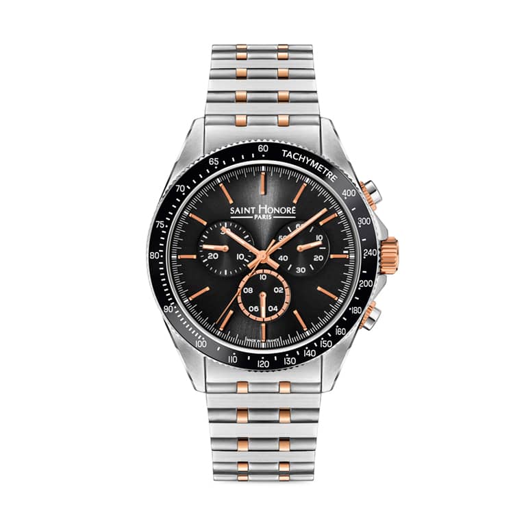 LE BOURGET Men's watch - 43MM STAINLESS STEEL CASE, CERAMIC BEZEL BLACK DIAL CHRONOGRAPH IP ROSE GOLD PLATED TWO-TONE BRACELET RONDA 5040D MOVEMENT 5ATM WATER RESISTANCE