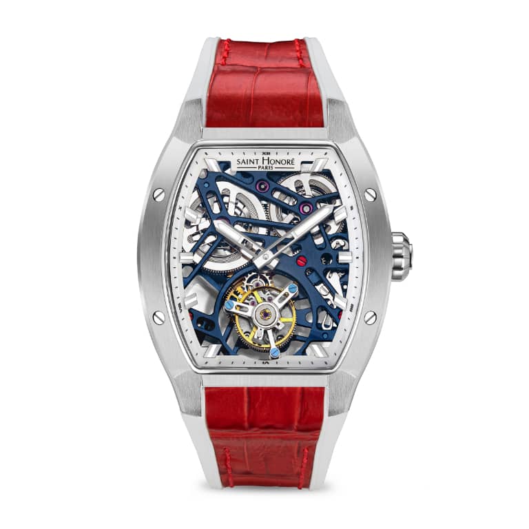 MONCEAU Men's watch - 42MM STAINLESS STEEL CASE BLUE SKELETON DIAL, SAPPHIRE CRYSTAL GLASS WHITE SILICON WITH RED LEATHER INSERT STRAP TOURBILLON SHP#1 MOVEMENT 5ATM WATER RESISTANCE