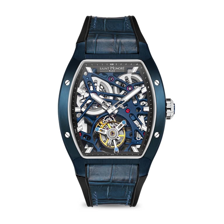 MONCEAU Men's watch - 42MM STAINLESS STEEL IP BLUE PLATED CASE BLUE SKELETON DIAL, SAPPHIRE CRYSTAL GLASS BLACK SILICON WITH BLUE LEATHER INSERT STRAP TOURBILLON SHP#1 MOVEMENT 5ATM WATER RESISTANCE