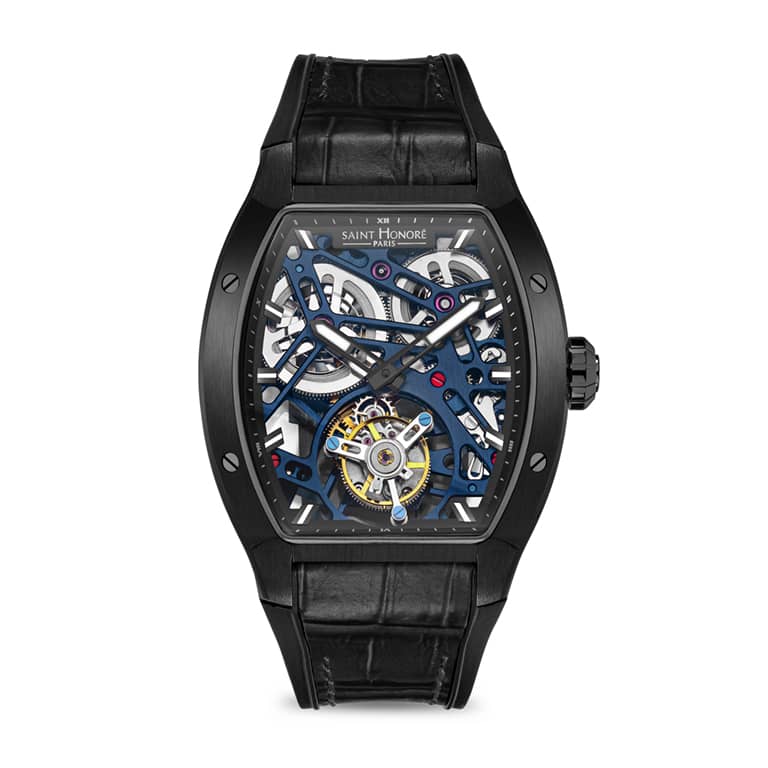 MONCEAU Men's watch - 42MM IP BLACK AND GUN PLATED CASE BLUE SKELETON DIAL, SAPPHIRE CRYSTAL GLASS BLACK SILICON WITH BLACK LEATHER INSERT STRAP TOURBILLON SHP#1 MOVEMENT 5ATM WATER RESISTANCE