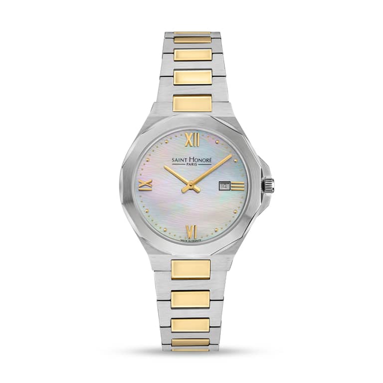 MATIGNON Women's watch - 33.2MM STAINLESS STEEL CASE WHITE MOTHER OF PEARL DIAL IP GOLD PLATED TWO-TONE BRACELET RONDA 784 MOVEMENT 5 ATM WATER RESISTANCE