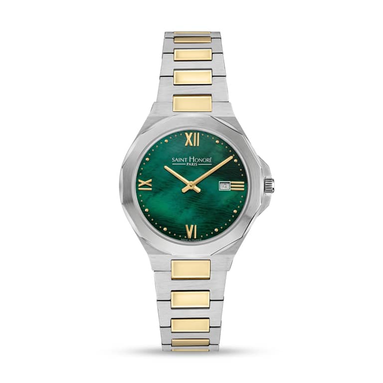 MATIGNON Women's watch - 33.2MM STAINLESS STEEL CASE GREEN MOTHER OF PEARL DIAL IP GOLD PLATED TWO-TONE BRACELET RONDA 784 MOVEMENT 5 ATM WATER RESISTANCE