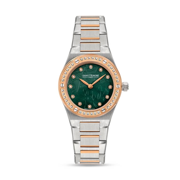 HAUSSMAN II Women's watch -26MM IP ROSE GOLD PLATED TWO-TONE CASE WITH DIAMONDS GREEN MOTHER OF PEARL DIAL WITH DIAMONDS IP ROSE GOLD PLATED TWO-TONE BRACELET RONDA 762 MOVEMENT 3ATM WATER RESISTANCE