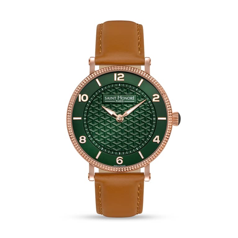 TROCADERO Men's watch - 40MM IP ROSE GOLD PLATED CASE GREEN DIAL TAN LEATHER STRAP RONDA 1062 MOVEMENT 5ATM WATER RESISTANCE